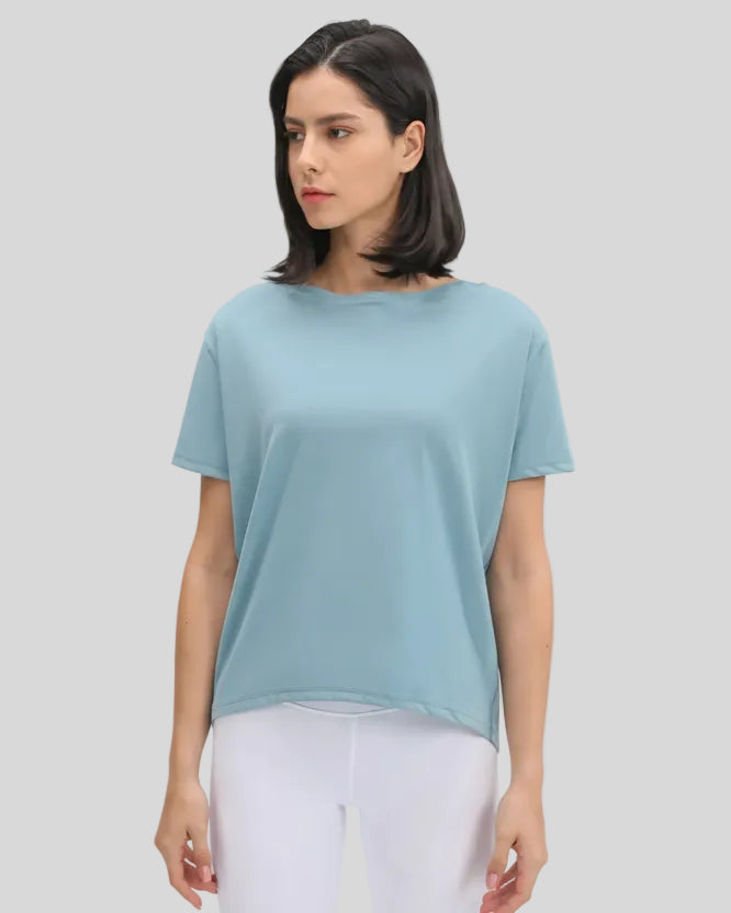 SoftFlow Short Sleeve Active Top in light blue, front angled view