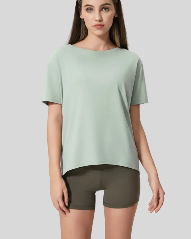 SoftFlow Short Sleeve Active Top in light green, front angled view