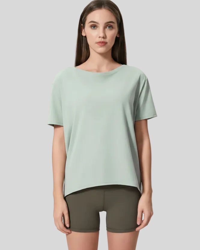 SoftFlow Short Sleeve Active Top in light green, front view