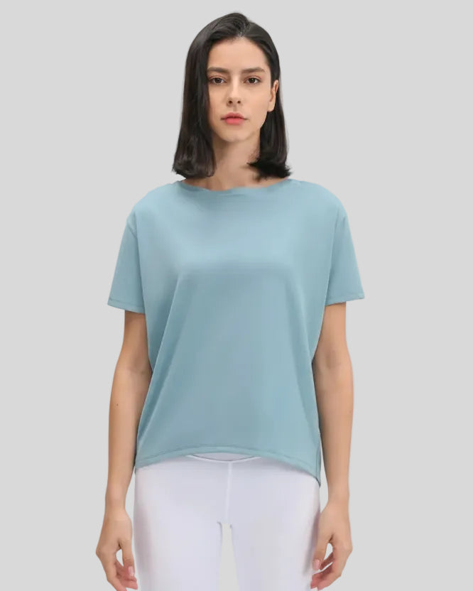 SoftFlow Short Sleeve Active Top in light blue, front view