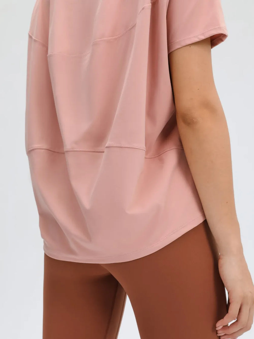 SoftFlow Short Sleeve Active Top in watermelon pink, back detail close-up