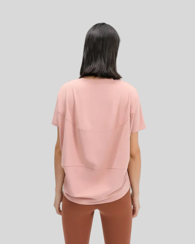 SoftFlow Short Sleeve Active Top in watermelon pink, back view