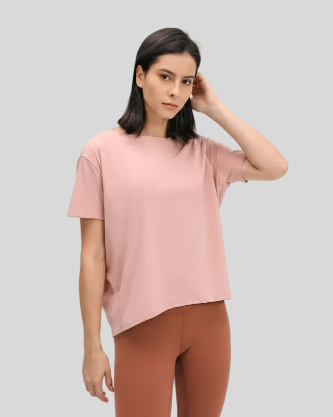 SoftFlow Short Sleeve Active Top in watermelon pink, front angled view