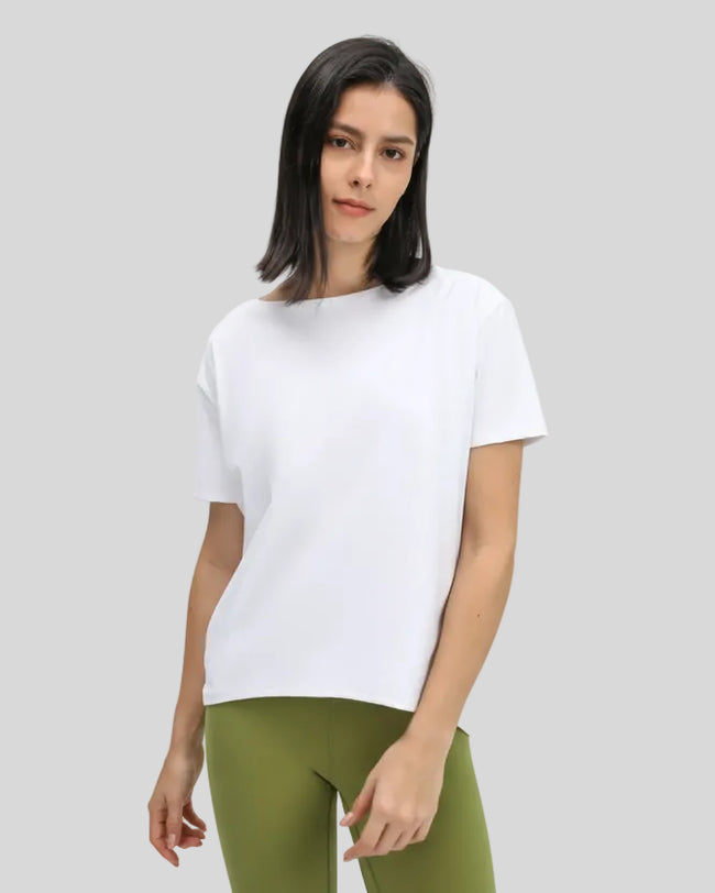 SoftFlow Short Sleeve Active Top in white, front angled view