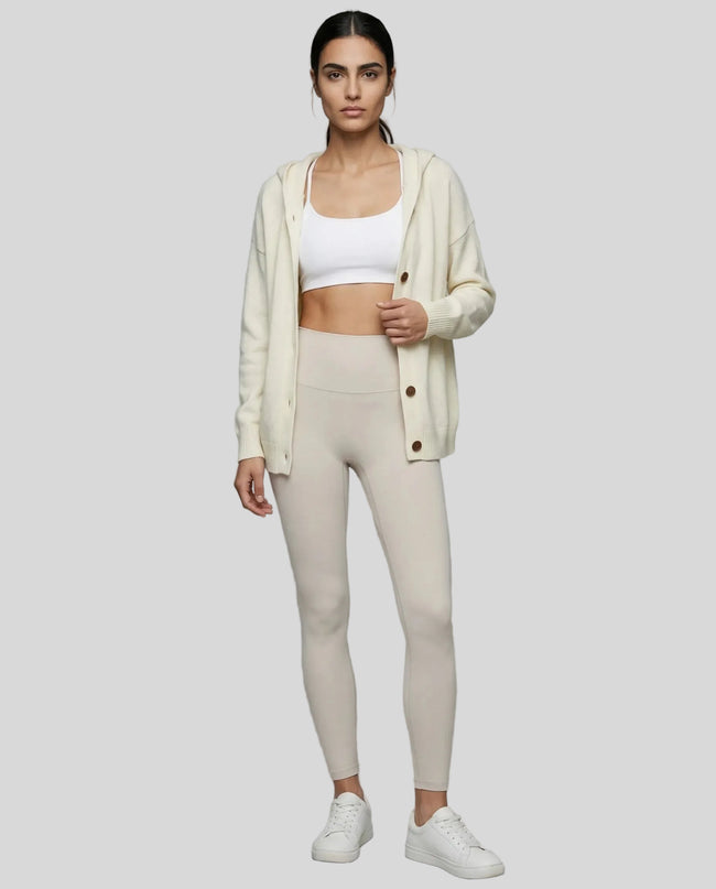 SoftForm Hooded Cardigan in apricot worn by model full body view styled open in a clean studio setting