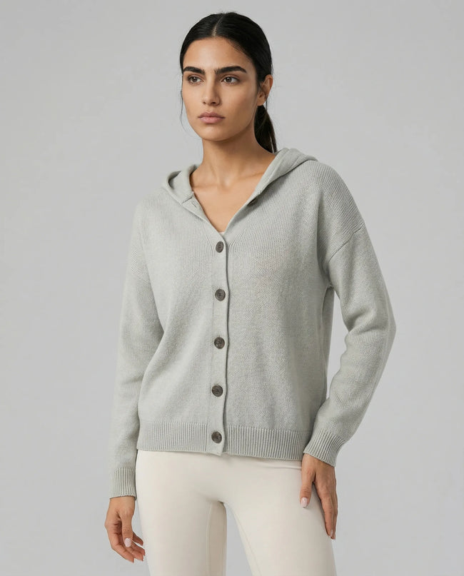 Model wearing a gray SoftForm Hooded Cardigan with buttons on a neutral setting