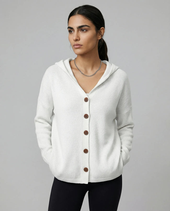 Model wearing a white/gray SoftForm Hooded Cardigan with buttons on a neutral setting