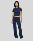 Model front view wearing dark blue Athlesi SoftForm short sleeve lounge set
