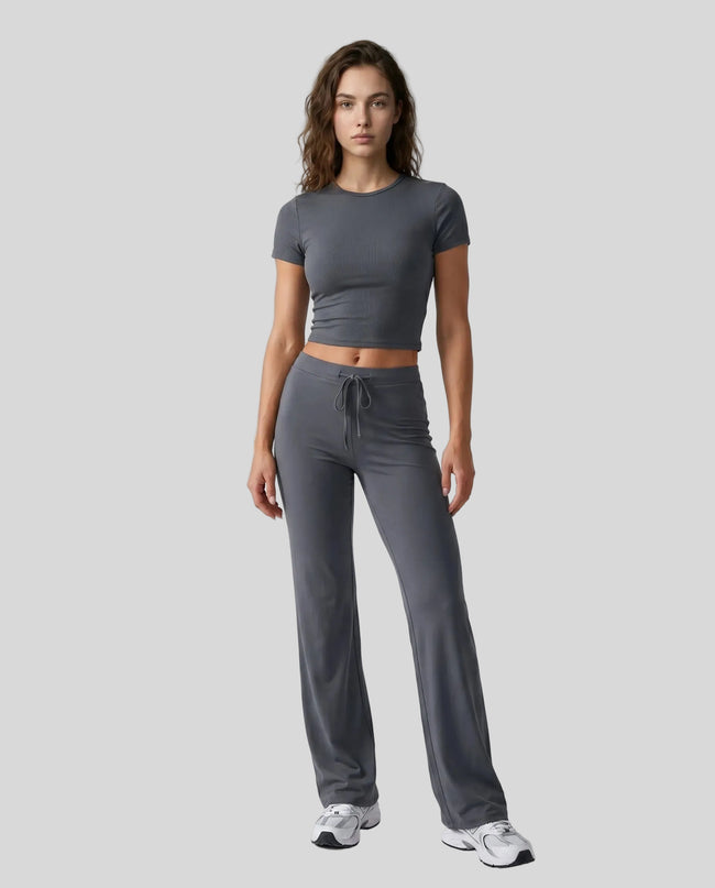 Model front view wearing dark gray Athlesi SoftForm short sleeve lounge set