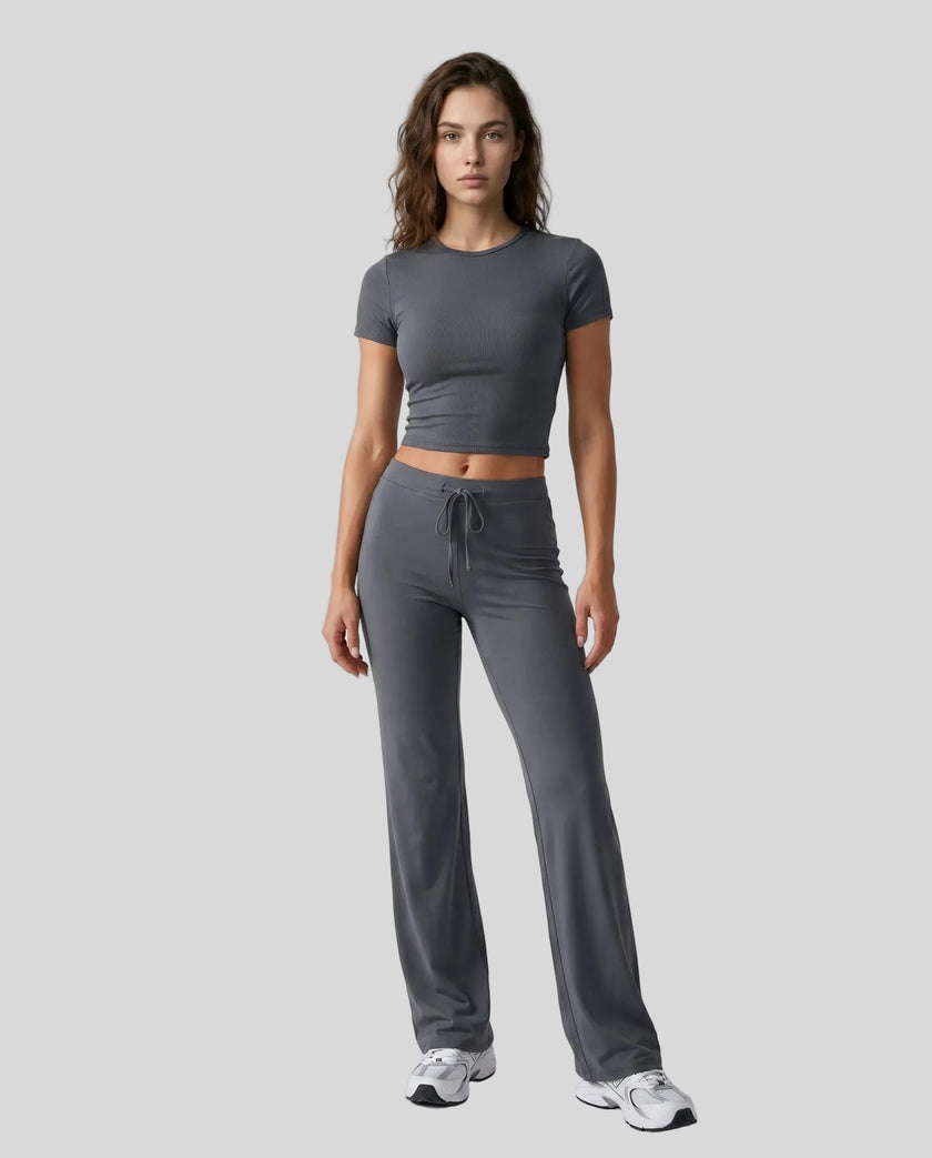 Model front view wearing dark gray Athlesi SoftForm short sleeve lounge set