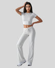 Model front view wearing light gray Athlesi SoftForm short sleeve lounge set