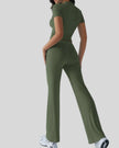 Back view of model wearing moss Athlesi SoftForm short sleeve top and pant set