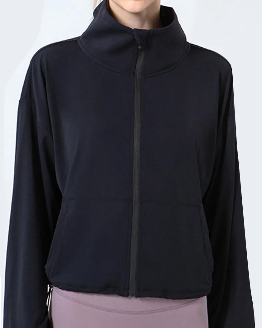 Close-up of SoftForm Zip Active Jacket fully zipped, black