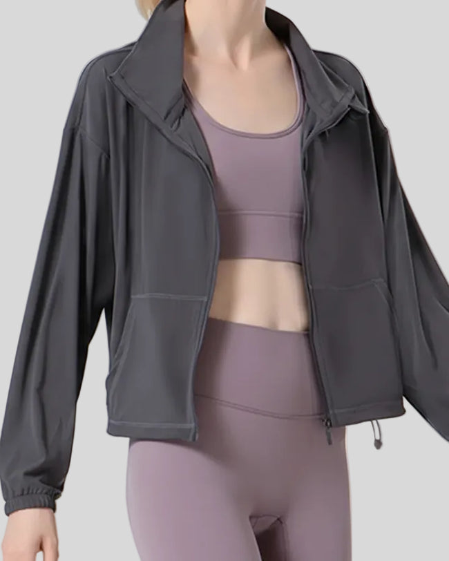 SoftForm Zip Active Jacket worn open, dark gray front view