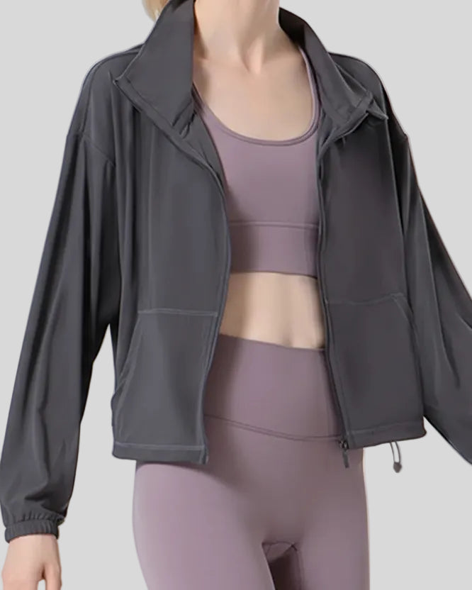 SoftForm Zip Active Jacket worn open, dark gray front view