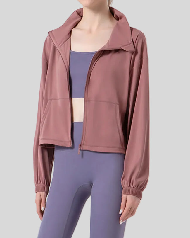 SoftForm Zip Active Jacket worn open, dusty pink front view