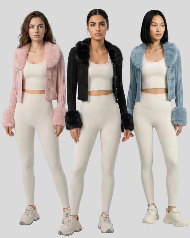 Three model wearing matching white outfits with SoftLuxe Ribbed Cardigan on a neutral setting