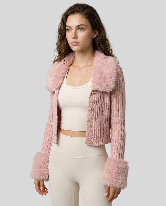 SoftLuxe Ribbed Cardigan in apricot worn by model mid body front view highlighting texture and trim