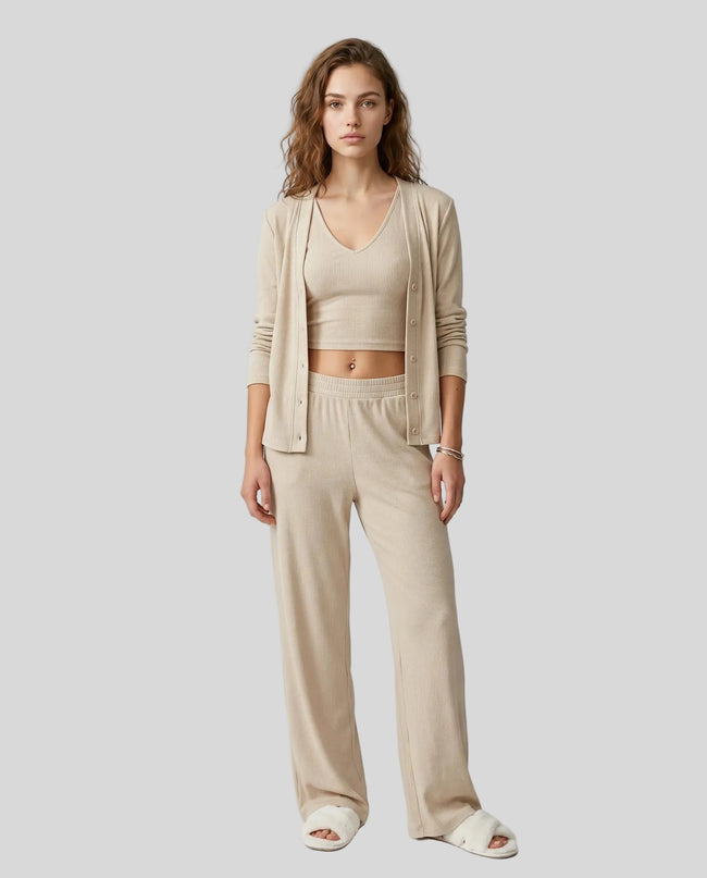 Woman wearing the SoftNest Lounge Set in beige front view with V-neck tank cardigan and relaxed pants