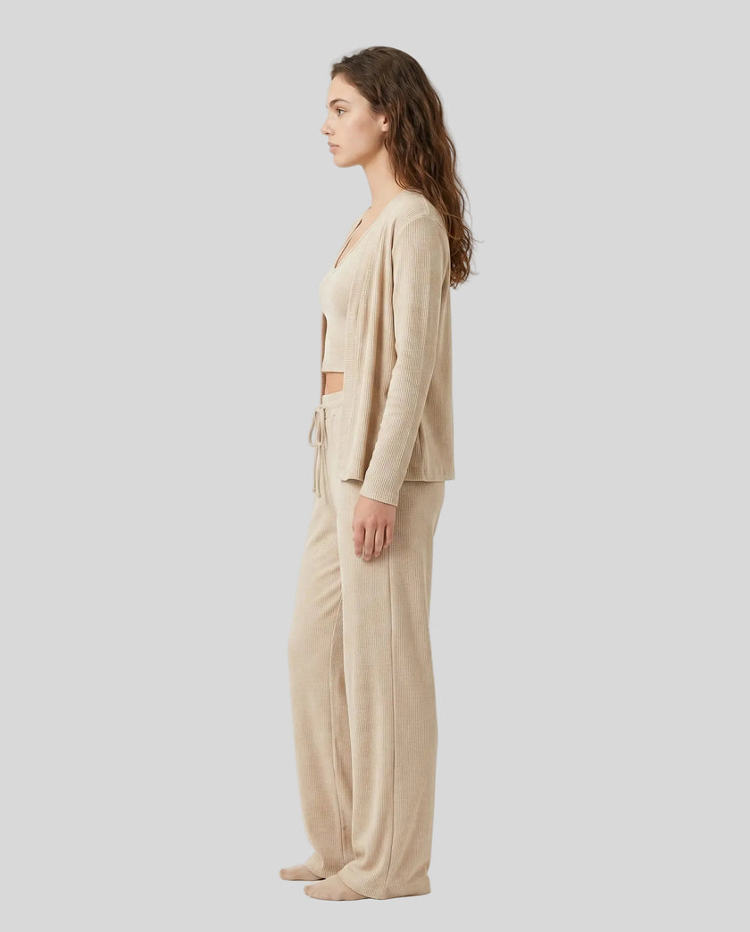 Side view of the SoftNest Lounge Set in beige featuring relaxed lounge styling and soft draped silhouette