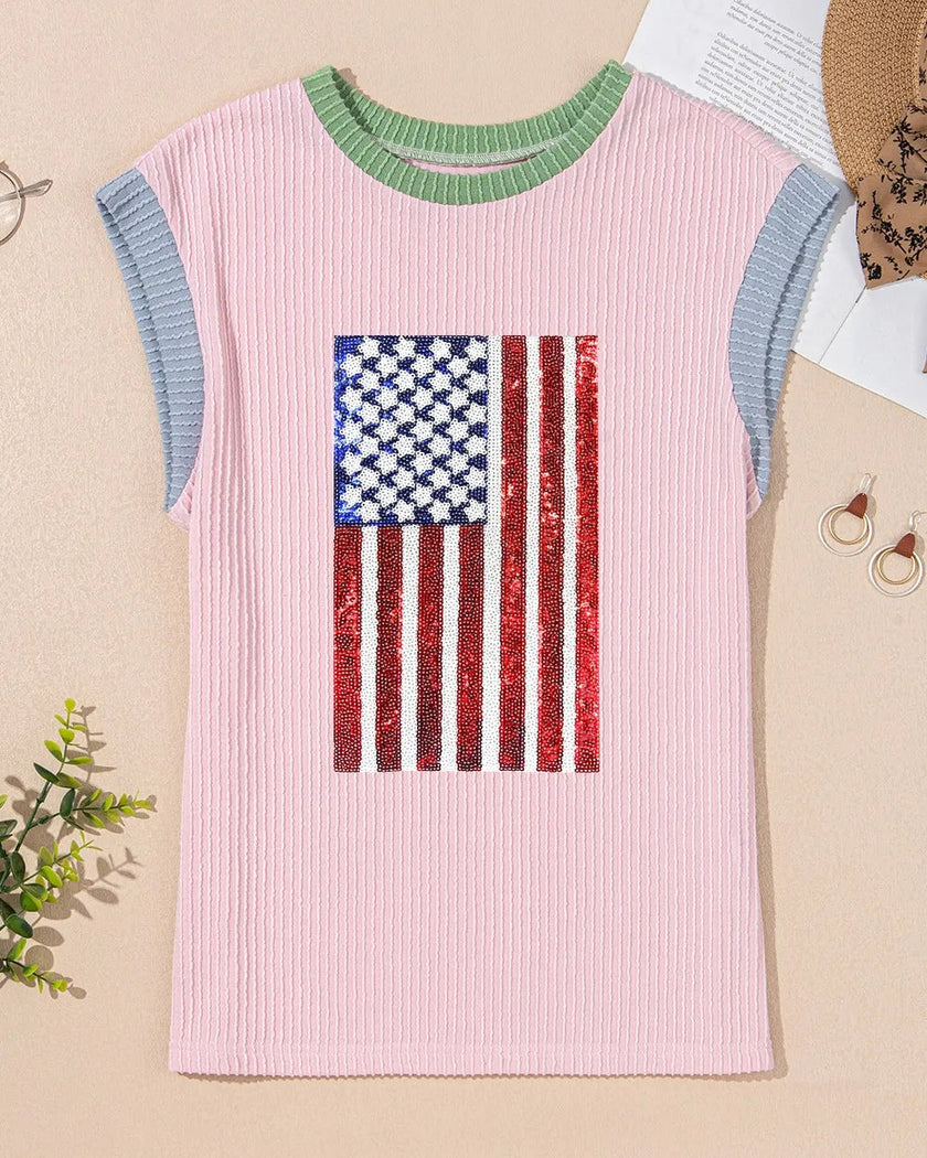 Flat lay front view of ribbed sleeveless tee with sequin detail