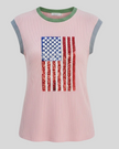 Pink sleeveless top with American flag design on a light gray background