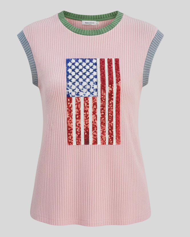 Pink sleeveless top with American flag design on a light gray background