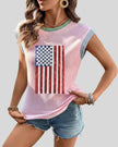 Angled front view of ribbed sleeveless tee with sequin detail