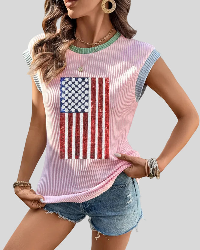 Angled front view of ribbed sleeveless tee with sequin detail