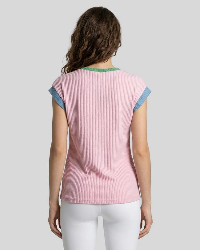 Mid-body back view of ribbed sleeveless tee styled with Athlesi leggings