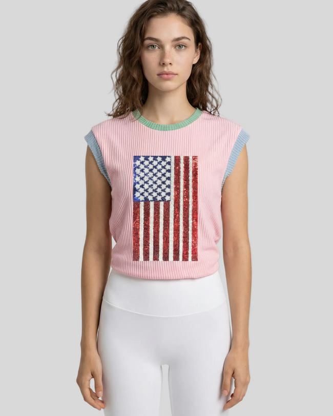 Mid-body front view of ribbed sequin tee styled with Athlesi leggings