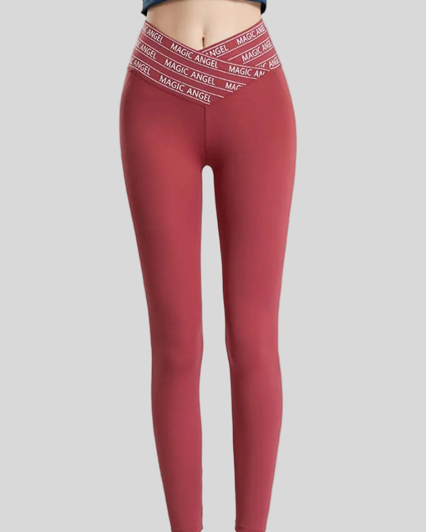 Front view of Statement Angel Legging in dusty pink with slogan waistband