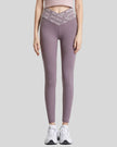 Front view of Statement Angel Legging in mauve with slogan waistband