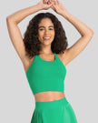StrataLuxe ladder back sports bra in mid green front view longline design