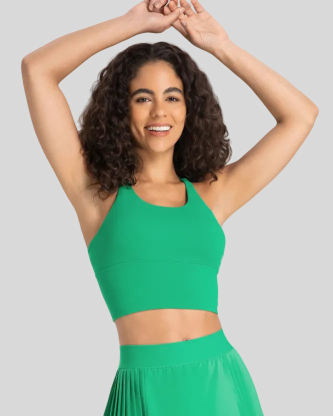 StrataLuxe ladder back sports bra in mid green front view longline design