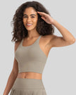 Angled front view of mocha ladder back longline sports bra Athlesi