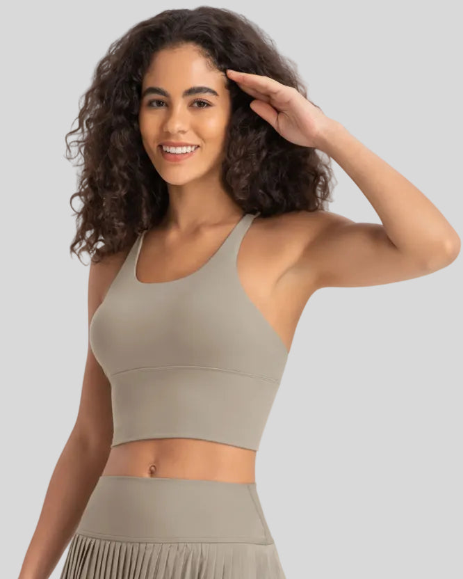 Angled front view of mocha ladder back longline sports bra Athlesi