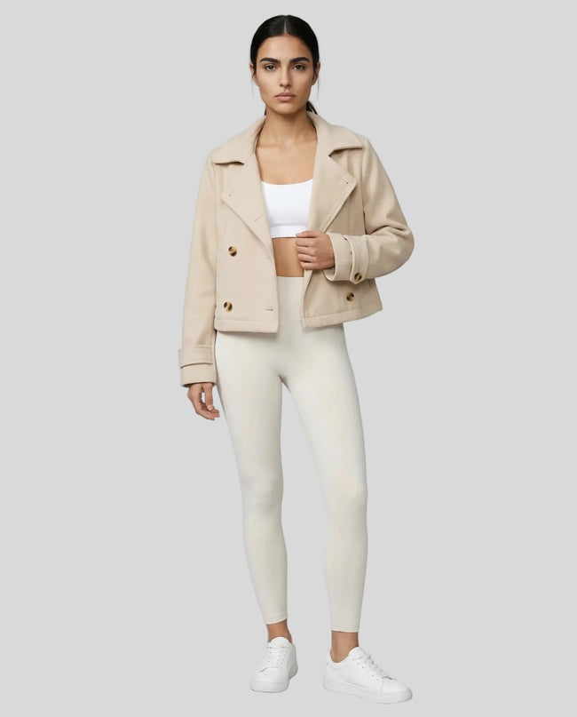 StructureForm Collared Jacket in sand worn by model full body front view styled in a clean studio setting