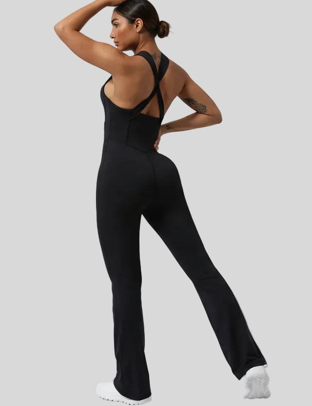 Athlesi StudioCross Sculpt & Flow Jumpsuit in black with crisscross back design, back view