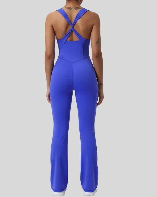 Athlesi StudioCross Sculpt & Flow Jumpsuit in blue with crisscross back design, back view