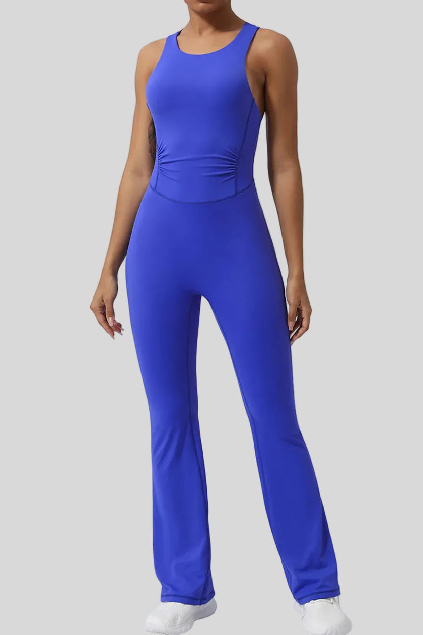 Athlesi StudioCross Sculpt & Flow Jumpsuit in blue with wide straps and sculpting fit, front view