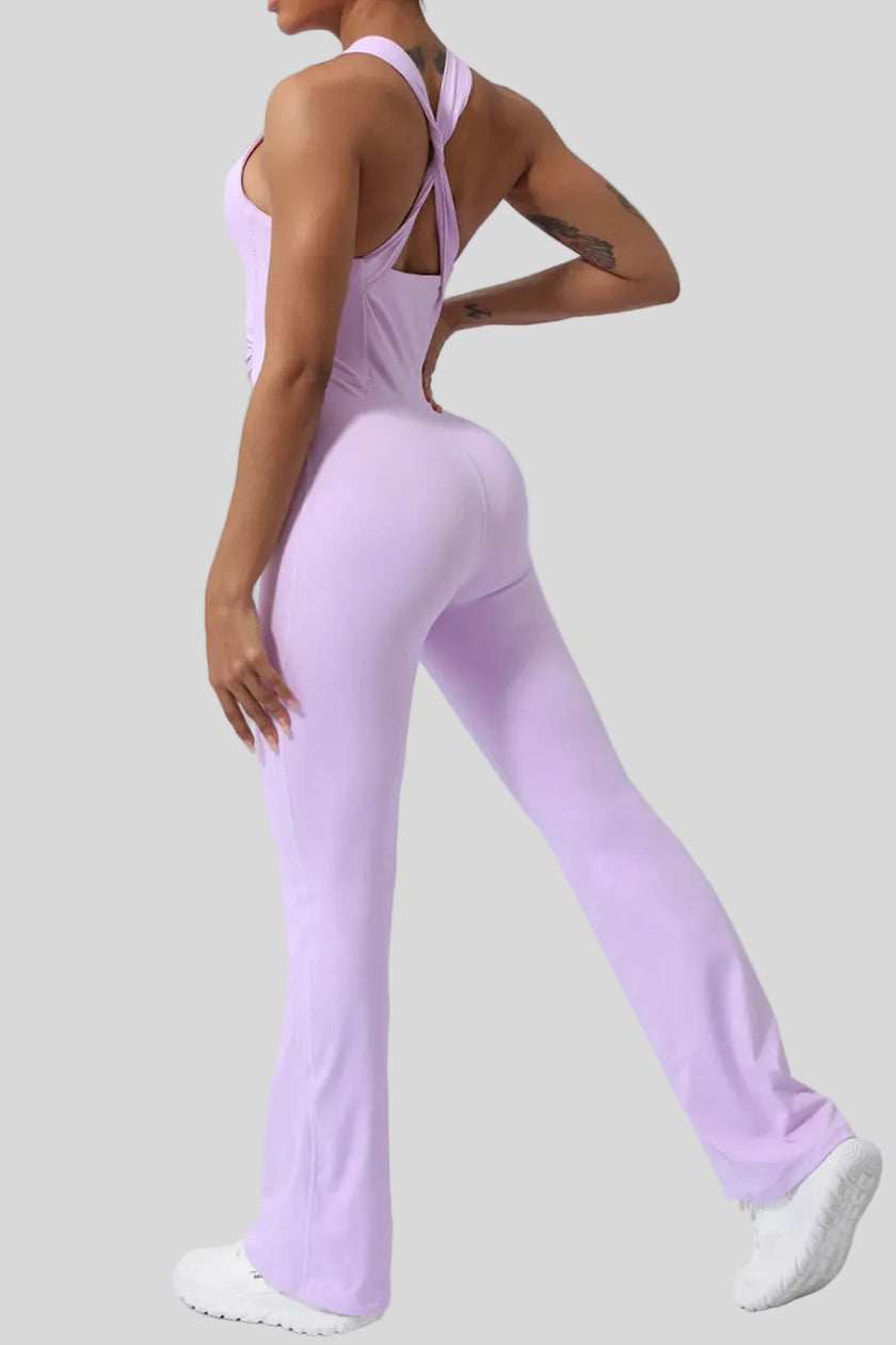 Athlesi StudioCross Sculpt & Flow Jumpsuit in blush pink with crisscross back design, back view
