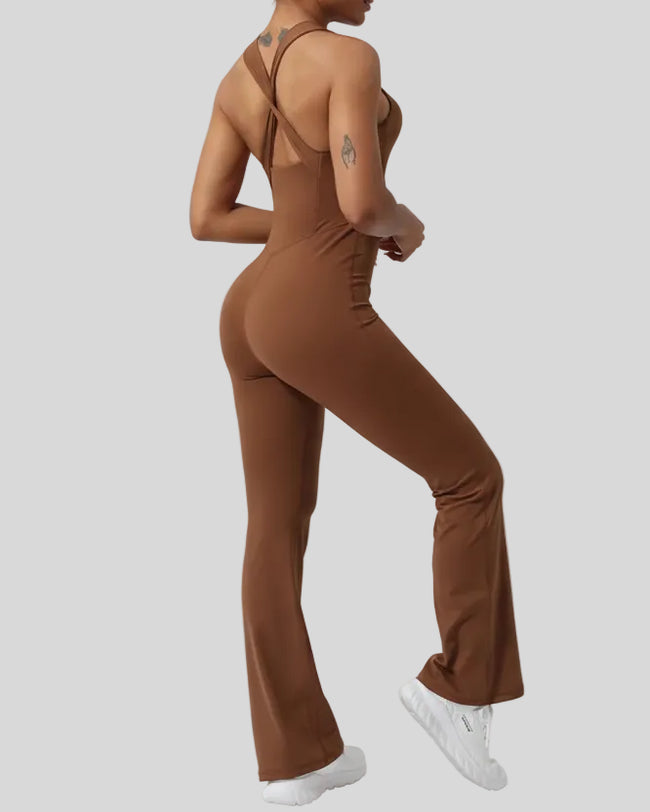 Athlesi StudioCross Sculpt & Flow Jumpsuit in brown with crisscross back design, back view