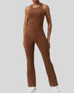 Athlesi StudioCross Sculpt & Flow Jumpsuit in brown with wide straps and sculpting fit, front view
