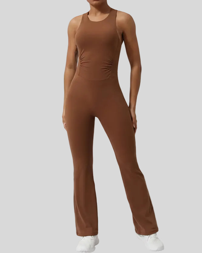 Athlesi StudioCross Sculpt & Flow Jumpsuit in brown with wide straps and sculpting fit, front view