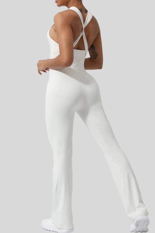 Athlesi StudioCross Sculpt & Flow Jumpsuit in white with crisscross back design, back view