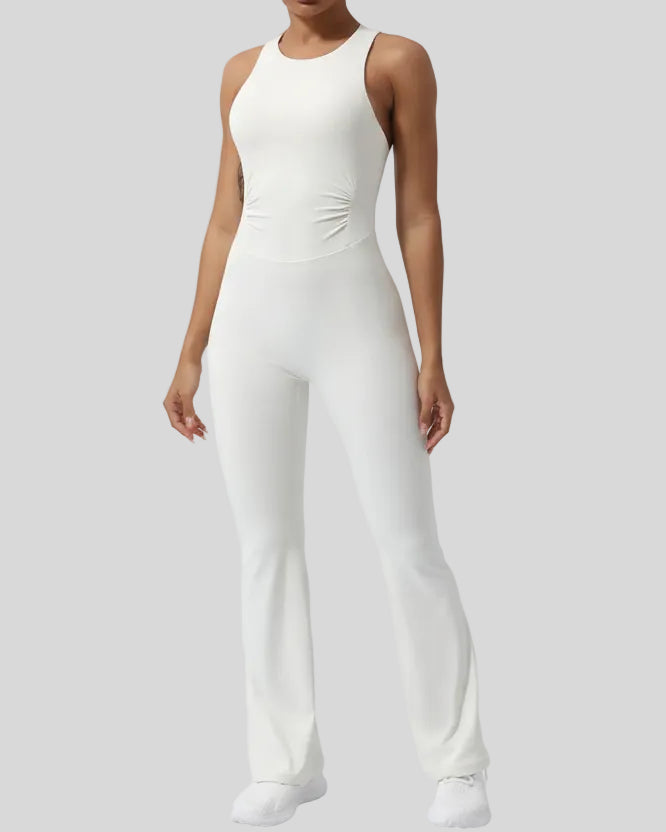 Athlesi StudioCross Sculpt & Flow Jumpsuit in white with wide straps and sculpting fit, front view