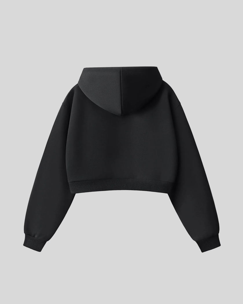 Back view of StudioEase Cropped Hoodie in Black with oversized hood