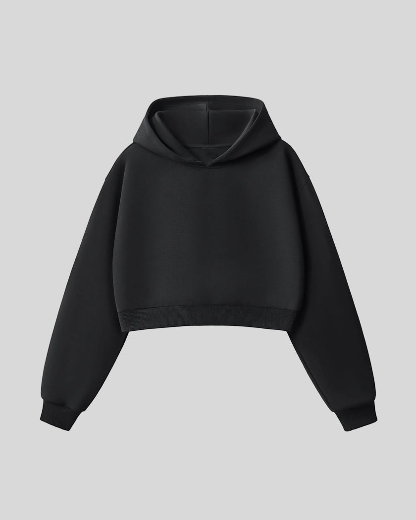 StudioEase Cropped Hoodie in Black with relaxed sleeves and ribbed hem, front view