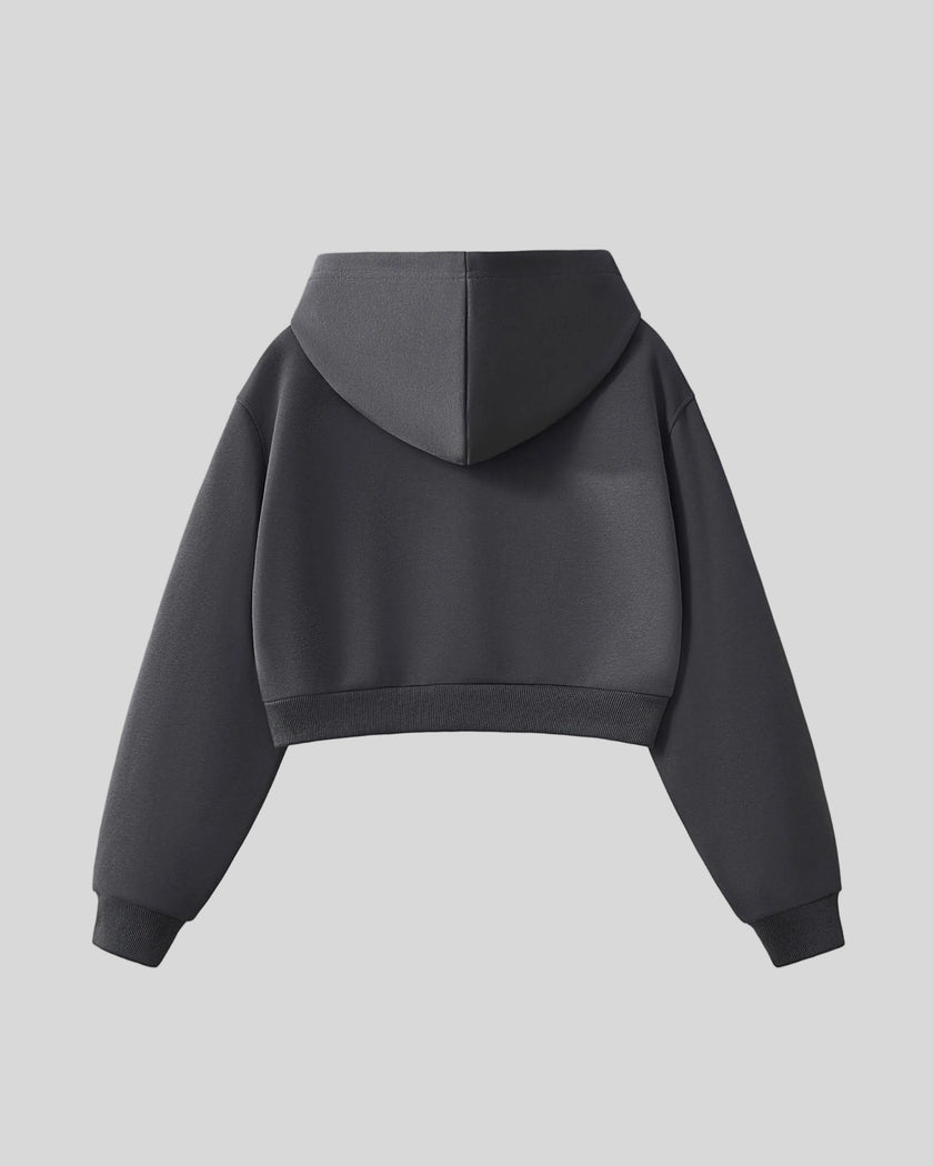 Back view of StudioEase Cropped Hoodie in Charcoal Gray with oversized hood
